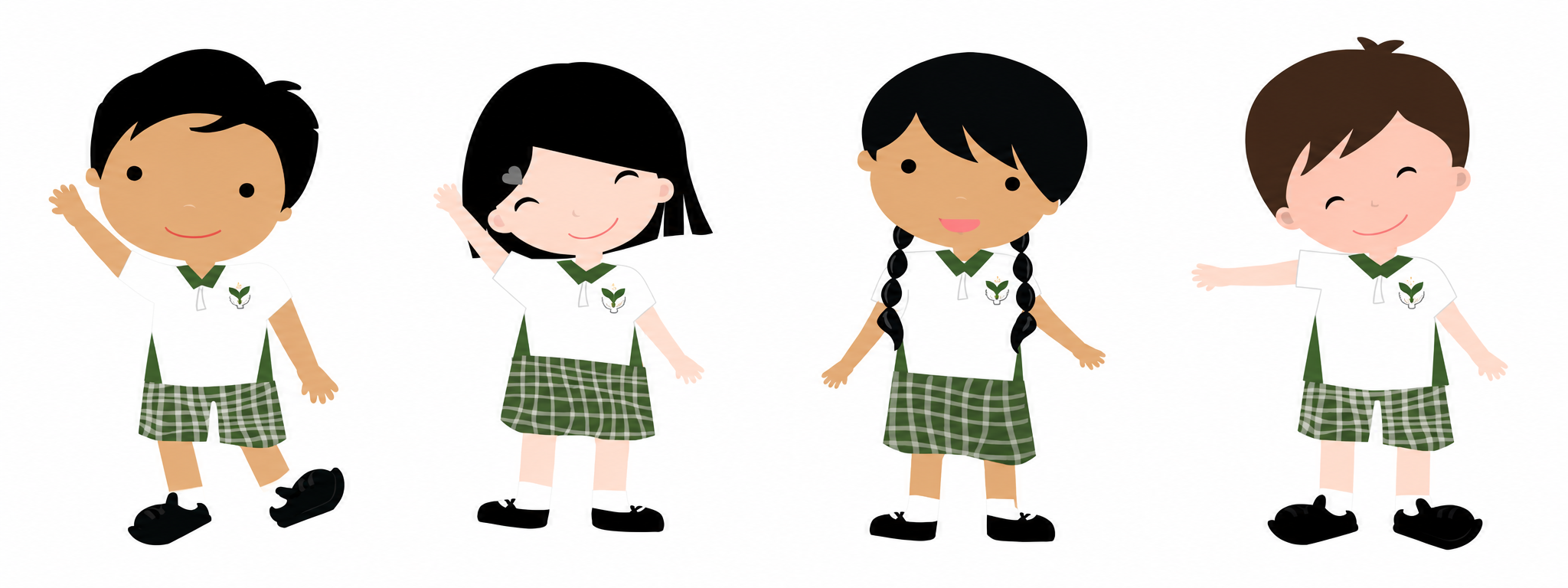 Four cartoon children in matching school uniforms with white shirts and green plaid skirts or shorts.